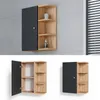 A wall-mounted cabinet with a black door and wooden shelves. Náhled obrázku produktu