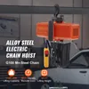An orange electric chain hoist is suspended from a dark gray beam in what appears to be a workshop or garage setting. Produktbild-Vorschau