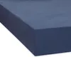 A close-up view of a navy blue fitted sheet, showing its texture and corner.