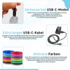 Marketing image showcasing features of a 3D pen, including its USB-C connection, cable, and color options. Anteprima dell’immagine prodotto