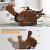 A man sitting in a brown recliner chair with labels pointing to different body regions. Below, a sequence of images shows the chair's lifting function. Podgląd zdjęcia produktu