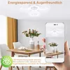 A modern LED ceiling light is shown above a dining table setting, with a smartphone displaying the same light. Voir les images du produit