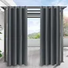 Outdoor curtains hanging on a pergola or balcony structure, with a view of hills and sky. Produktbild-Vorschau