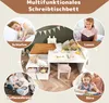 A collage of images showcasing a multifunctional children's bed with a desk and storage, highlighting its various uses like sleeping, reading, storage, and office work. Náhled obrázku produktu