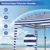 A striped canopy tent is shown against a bright blue sky with clouds. Icons and text highlight product features. Anteprima dell’immagine prodotto