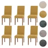Six yellow dining chairs are arranged in two rows of three against a white background. To the right of the chairs are circular swatches of different fabric textures and colors. Anteprima dell’immagine prodotto