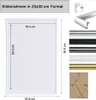 A diagram showing the dimensions of a picture frame, along with various color options for the frame and a view of the back of the frame. Produktbild-Vorschau