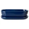 A dark blue oval ceramic planter with a matching saucer, shown from the front. Náhled obrázku produktu