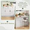 A collage showing a white kitchen island with marble-like countertop and a white cabinet unit with marble-like base. Voir les images du produit