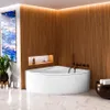 A modern bathroom with a corner bathtub, wood-paneled walls, and abstract art. Produktbild-Vorschau
