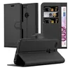 A black leather phone case with card slots and a stand function, shown in multiple configurations. Náhled obrázku produktu