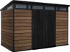 A modern shed with wood-look siding and black doors. Náhľad obrázku produktu