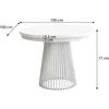 A white round dining table with a unique metal base, shown with dimensions indicated by measurement lines and text. Produktbild-Vorschau