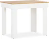 A white and wood dining table on a white background. Produktbild-Vorschau
