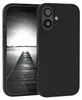 A black phone case is shown with a phone inside, displaying a black and white image of a pier. Produktbild-Vorschau