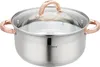 A stainless steel pot with rose gold handles and a glass lid. Voir les images du produit