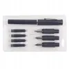 A calligraphy pen set with multiple nibs and ink cartridges is displayed in its clear plastic packaging. Produktbild-Vorschau
