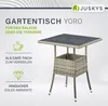 A marketing image for a Juskys Yoro garden table, showcasing its design and suitability for balconies and terraces. Produktbild-Vorschau