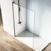 A modern shower enclosure with a black frame and clear glass panel, featuring a black shower head and faucet, set against a tiled wall and a light blue wall. The floor is tiled with a wood-look pattern and a light gray shower tray. Produktbild-Vorschau