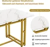 A close-up of a modern table with a marble-patterned top and golden metal legs, with callouts highlighting its features. Podgląd zdjęcia produktu