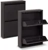 Two black metal shoe cabinets are shown against a white background. One cabinet is closed and in the background, while the other is open and in the foreground, revealing two shelves. Anteprima dell’immagine prodotto