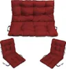 A set of red cushions for a bench and chairs, displayed on a white background.