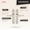 A marketing image showcasing door handles with descriptive text highlighting their features. Produktbild-Vorschau