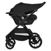 A black baby stroller with a car seat attached, shown from the side against a white background. Produktbild-Vorschau