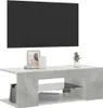 A modern TV stand with a minimalist design, featuring a concrete-grey finish and a sleek black top surface. It is styled with a framed picture, a white vase, and a small potted plant. Anteprima dell’immagine prodotto