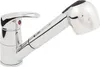 A chrome-finished kitchen faucet with a pull-out spray head is shown against a white background. Voir les images du produit