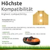 A marketing image showing a robotic lawnmower and a list of compatible brands and models, with a background of grass. Produktbild-Vorschau