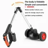 A foldable battery-powered grass trimmer is shown in a partially folded state, with text highlighting its features. Produktbild-Vorschau