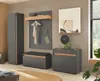 A modern entryway with a gray and wood tone furniture set, including a tall cabinet, a bench with storage, and a console table with a mirror and clock above it. Produktbild-Vorschau