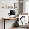 A monitor mount is shown attached to a desk, with a monitor mounted on it. The image also includes marketing text and diagrams. Produktbild-Vorschau