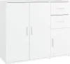 A white sideboard with three drawers and two cabinet doors is shown from the front against a white background. Náhľad obrázku produktu