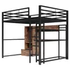 A black metal loft bed with wooden accents, featuring a desk, shelves, and a drawer. Náhled obrázku produktu