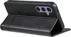 A black leather flip case for a smartphone is shown standing upright, with the phone's camera array visible. Produktbild-Vorschau