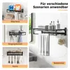 Collage showing a black wall-mounted shelf unit used in different household settings: laundry room, entryway, kitchen, and bathroom. Produktbild-Vorschau