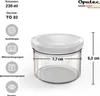 A clear product shot of a glass jar with a white lid, showing dimensions and features. Voir les images du produit