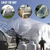 A collage of images showing greenhouse construction and use, with a large greenhouse plastic sheet being unfurled in the foreground. Podgląd zdjęcia produktu