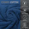 A close-up of a dark blue, textured fabric with marketing icons and text on the right side. Produktbild-Vorschau