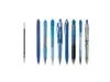 A collection of blue pens and a pen refill are laid out on a white background. Produktbild-Vorschau