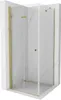 A corner shower cabin with transparent glass and gold-colored metal frame, set against a white marble-patterned background. Podgląd zdjęcia produktu