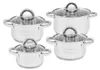 A set of four stainless steel pots with glass lids, arranged in a diagonal formation on a white background. Produktbild-Vorschau