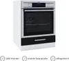 A silver and black built-in oven with a storage drawer below, set against a white background. There are also icons with text at the bottom of the image. Náhľad obrázku produktu