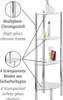 A corner shelf unit with transparent glass shelves and chrome legs, displaying various toiletries and bottles. Anteprima dell’immagine prodotto