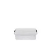 A clear, studio shot of a transparent storage box with a black lid clip, placed on a white background. Produktbild-Vorschau