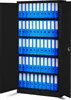 A black metal filing cabinet with its doors open, filled with rows of blue binders. Anteprima dell’immagine prodotto
