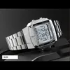 A silver digital watch with a metal band is displayed on a dark surface. Produktbild-Vorschau