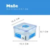 A clear plastic food container with dimensions indicated by text and lines. Voir les images du produit